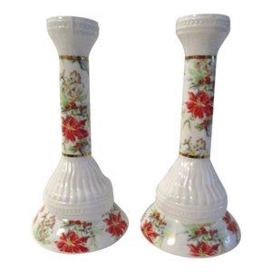 Mid-Century Porcelain Poinsettia Candle Holders, a Pair